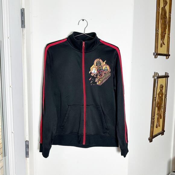 Disney Parks Tops - Disney Parks Mickey Tattoo Zip Jacket Black Red Stripes Size L Snag on Sleeve